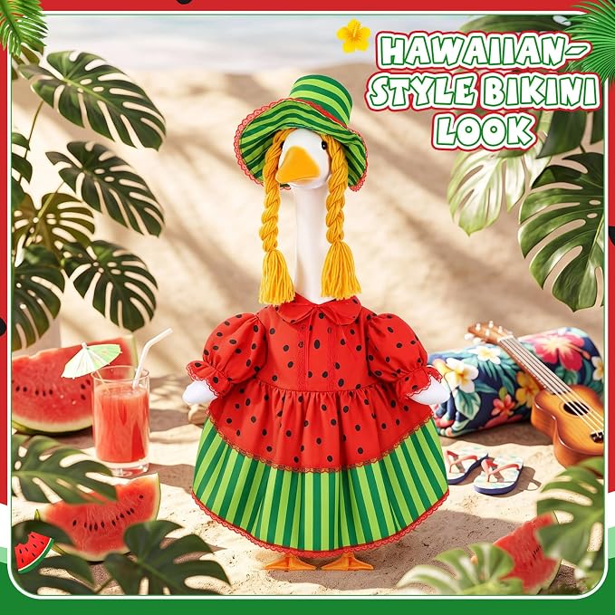Summer Watermelon Porch Goose Outfit for 23'' Cement Statue Watermelon Costume Clothes Dress Plastic Goose for Outdoor Front Garden Yard Patio Lawn Decor