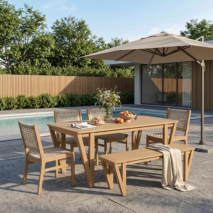 Christopher Knight Home Della Acacia Wood Dining Table Set for 6, 6 Piece Outdoor Dining Set with 70.75" Dinner Table, Bench and Armless Chairs, Patio Furniture Set for Dinner, Light Teak+Light Grey