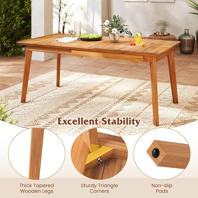 Tangkula 71"-94" Teak Wood Extendable Patio Dining Table for 6-8 People, Large Expandable Outdoor Slatted Table, Rectangular Outdoor Dinner Table for Garden, Lawn, Yard and Poolside
