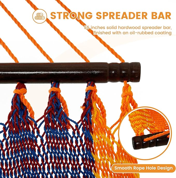 Lazy Daze Hammocks 13 FT Extra Large 2+ Person Caribbean Rope Hammock, Hand Woven Polyester XL Hammock with Spreader Bars, for Outside Outdoor Backyard Patio Poolside, 500 LBS Capacity, Multicolor