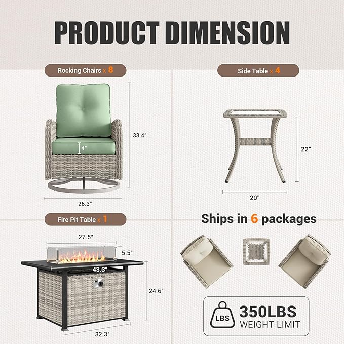 13Pcs Patio Rocking Swivel Chair with 55,000 BTU Fire Pit Table Outdoor Wicker Rattan Bistro Set with Tempered Glass Side Table, Patio Furniture Set for Garden and Balcony, Light Green