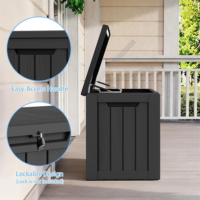 Pepe Tee 80 Gallon Waterproof Resin Deck Box, Outdoor Storage Bin for Patio Furniture Cushions, All-Weather Garden Organizer & Seating Bench, Black