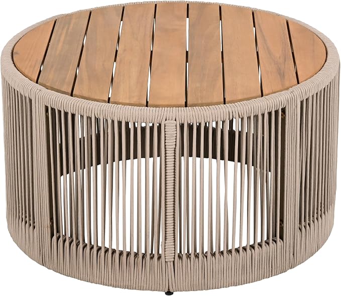 IRONORA Round Outdoor Coffee Table, Acacia Wood Top with Rope Woven Base, 26 Inch Diameter, Outdoor Side Table for Patio, Garden, Weather Resistant Patio Furniture