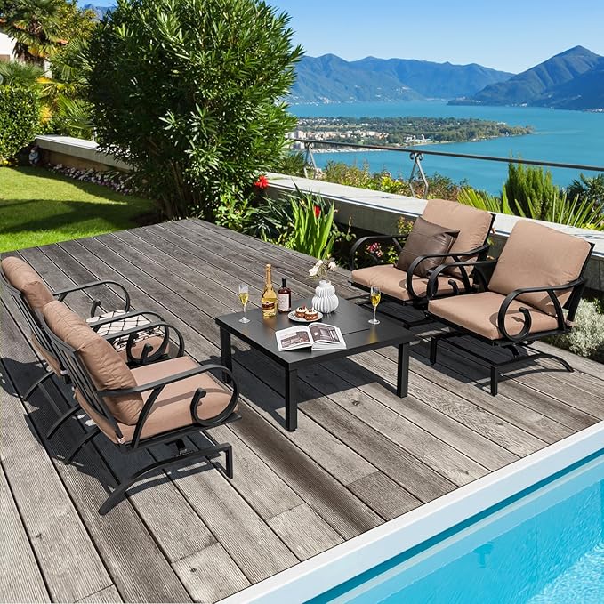 Tangkula 5 Piece Patio Dining Set, Heavy-Duty Rocking Chairs with 4-in-1 Fire Pit Table, Soft Seat & Back Cushions, Gentle Rocking Design, Outdoor Conversation Set for Backyard, Porch (Brown)