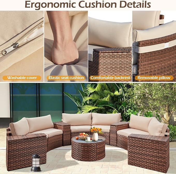 ECOTOUGE Outdoor Patio Furniture, 11-Piece Half-Moon Sectional Patio Furniture Set Curved Sofa with Tempered Glass Round Coffee Table, Fit for Pool Backyard Balcony Porch Lawn(Beige/Brown)