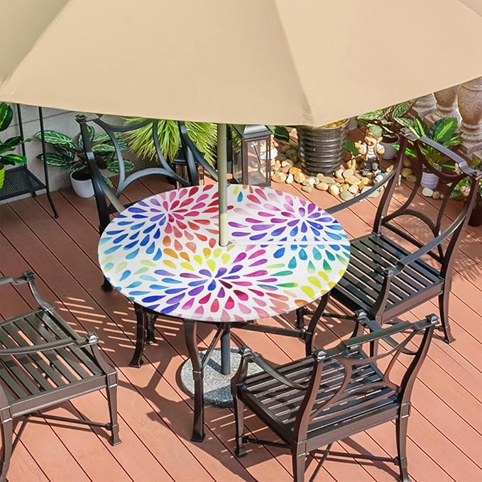 Colorful Fitted Round Tablecloth with Umbrella Hole and Zipper Spring or Summer Floral Outdoor Elastic Table Cloth 36"-44" Oil-Proof Waterproof Patio Table Cover for Picnic Party