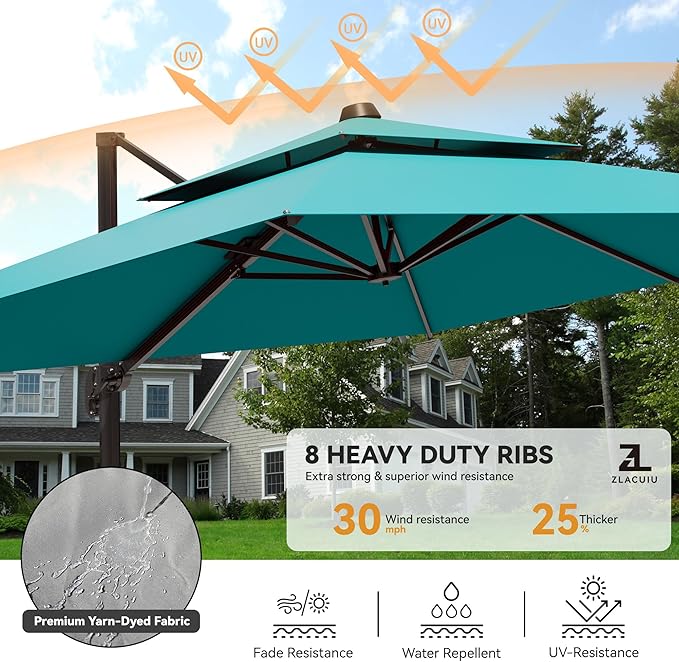 9x12FT Cantilever Patio Umbrella - Heavy Duty Double Layer Offset Design with 360° Rotation, Large Rectangle Sun Shade Umbrella for Garden, Deck, Pool, Backyard, Turquoise