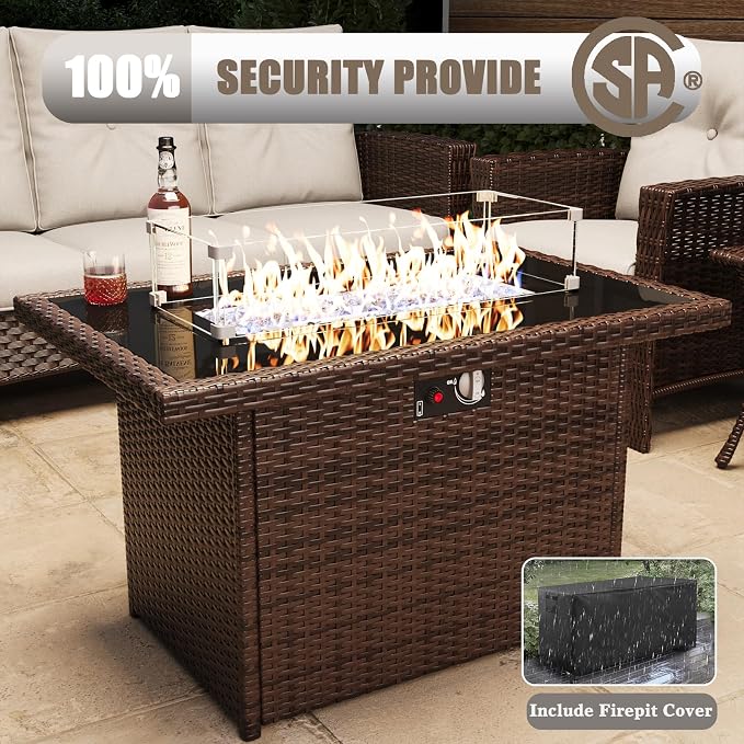 LayinSun 7 Piece Wicker Patio Furniture Set with Fire Pit Table, Classis Outdoor Conversation 360 Degree Swivel Chairs Set with Coffee Table