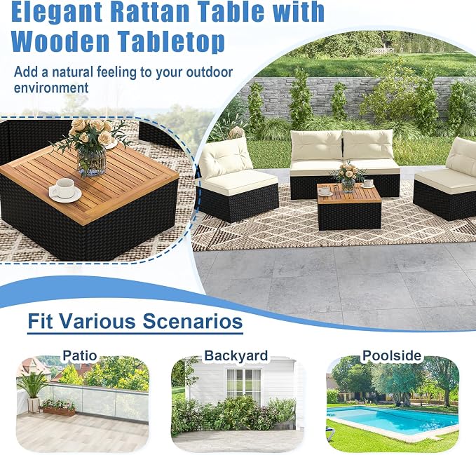 DORTALA 5 Piece Wicker Patio Furniture Set, PE Rattan Outdoor Sectional Conversation Set with Acacia Wood Coffee Table, 4 Chairs for Deck, Backyard, Poolside, Off White