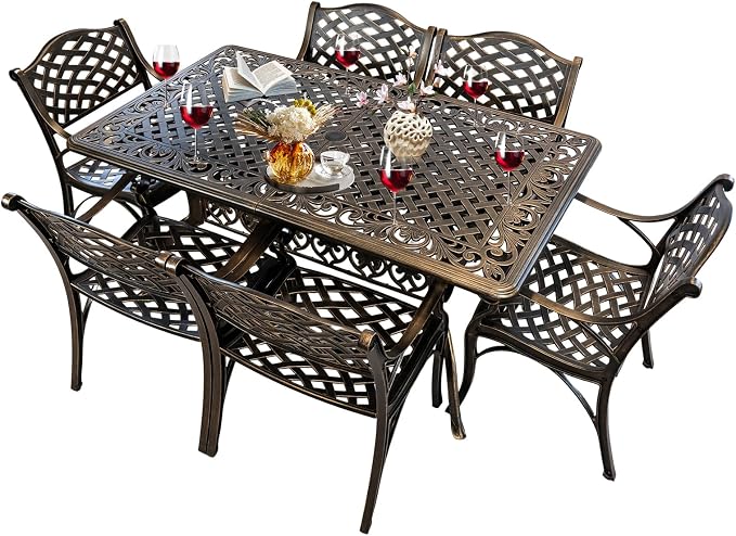 Outdoor Patio Dining Set Cast Aluminum 7 Piece Patio Bistro Dining Set,Metal Rectangular Patio Table and Chairs Set for 6 Person with Umbrella Hole,Patio Furniture Sets for Garden,Bronze
