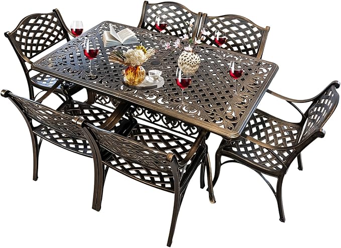Patio Dinning Set Weather Resistant Cast Aluminum Patio Furniture Set with Umbrella Hole, Bistro Dining Set for Garden (59" x 28" Table C and 6 Chairs Bronze, 7 Pieces)