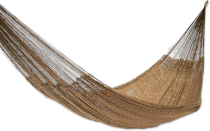 NOVICA Metallic Copper Brown Nylon Hand Woven Mayan Rope 2 Person XL Hammock, 'Glowing Bronze' (Double)