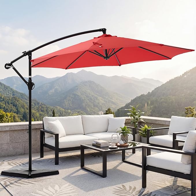 OLIXIS 9.8FT Offset Patio Umbrella with Base, Cantilever Table Umbrellas for Outdoor Sun Shade UV Protection with Easy Tilt Adjustment, 8 Ribs for Backyard, Lawn, Garden, Pool