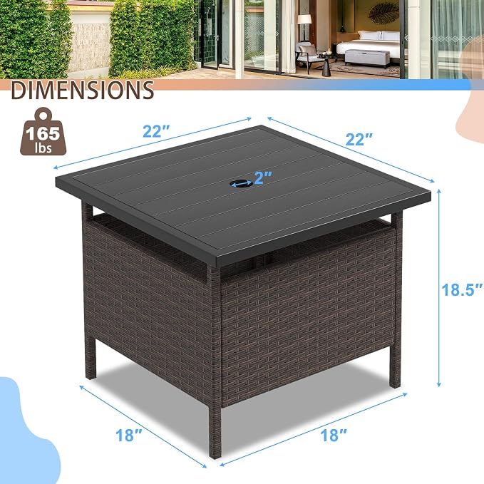 LUARANE Rattan Umbrella Side Table, Outdoor Wicker Stand Table with Umbrella Hole Steel, Suitable for Gardens, Balconies, Poolside (HDPE Tabletop)