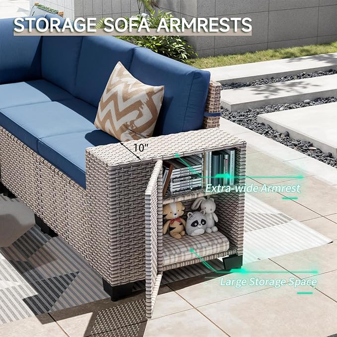 13-Piece Outdoor Patio Furniture Set with Fire Pit, Modular Sectional Sofa Set with Glass Coffee Table and Cushions, Wicker Outdoor Couch Conversation Sets, Blue