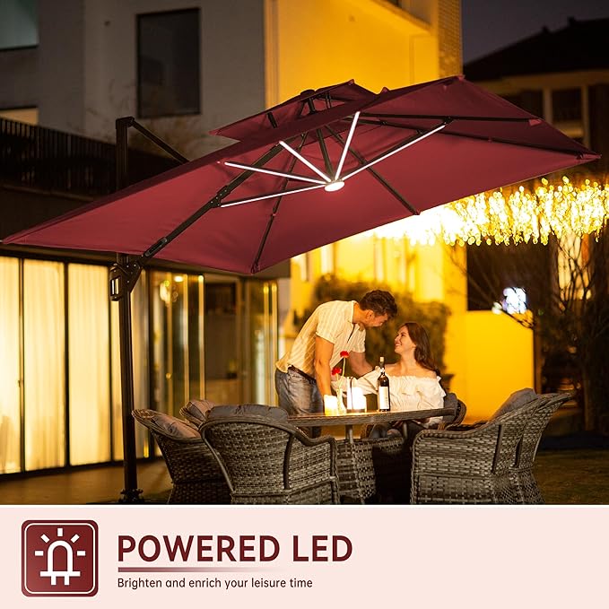 10 X 13 FT Cantilever Outdoor Patio Umbrella with Base Included Large Heavy Duty 360° Rotation Double Top Offset Rectangular Umbrellas with LED Lights for Backyard Outside Deck, Red