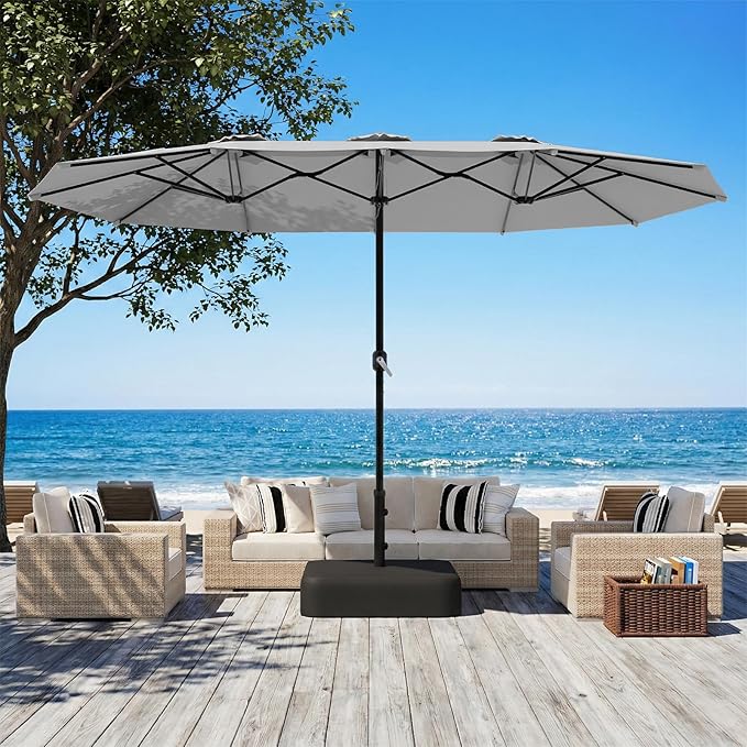 AECOJOY 15x9ft Patio Umbrella with Base Included, Outdoor Double-Sided Rectangle Umbrella with Crank Handle, Market Umbrella for Deck Pool Patio Garden(1.9" Pole, Grey)