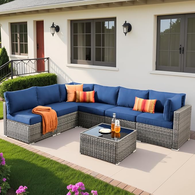 Wreaxty 7 Pieces Outdoor Patio Furniture Set,Wicker Sectional Sofa Couch with Thicken Cushion and Glass Coffee Table,All Weather Rattan Patio Conversation Sets for Porch,Poolside,Backyard,Navy Blue