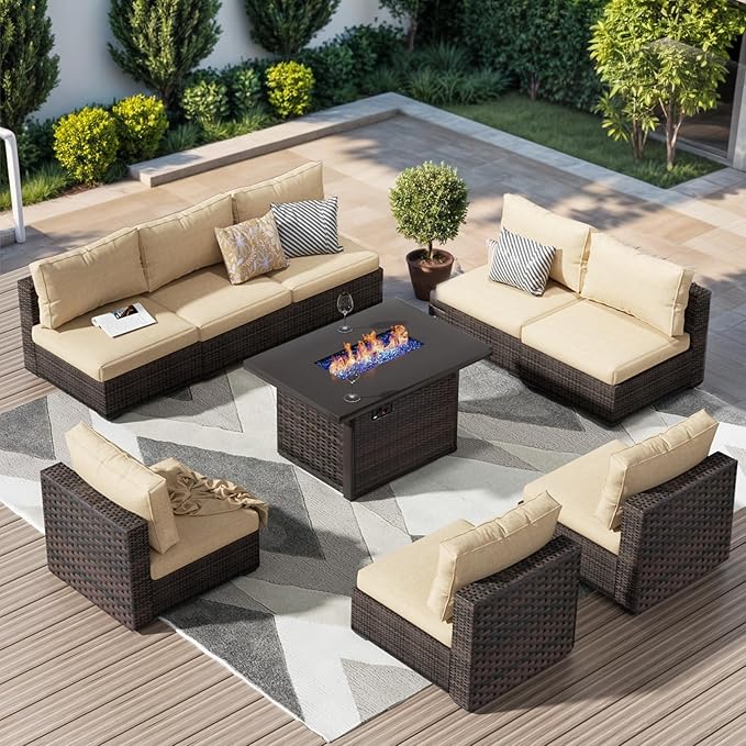 Patio Furniture Set with Fire Pit Table, Outdoor Sectional Rattan Sofa Set, Patio Set Seating Furniture with Thickened Cushions (Beige, 9 Pieces)