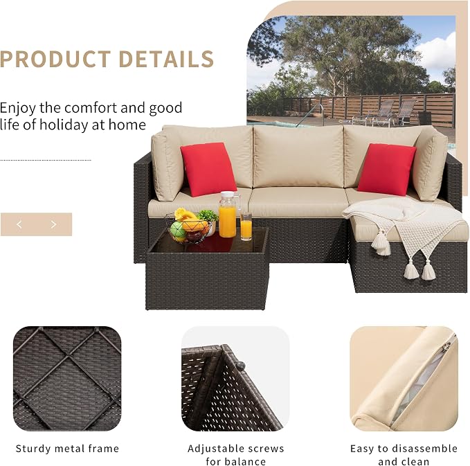 Shintenchi 5 Pieces Patio Furniture Sets Outdoor All-Weather Sectional Patio Sofa Set PE Rattan Manual Weaving Wicker Patio Conversation Set with Glass Table&Ottoman Cushion and Red Pillows, Beige