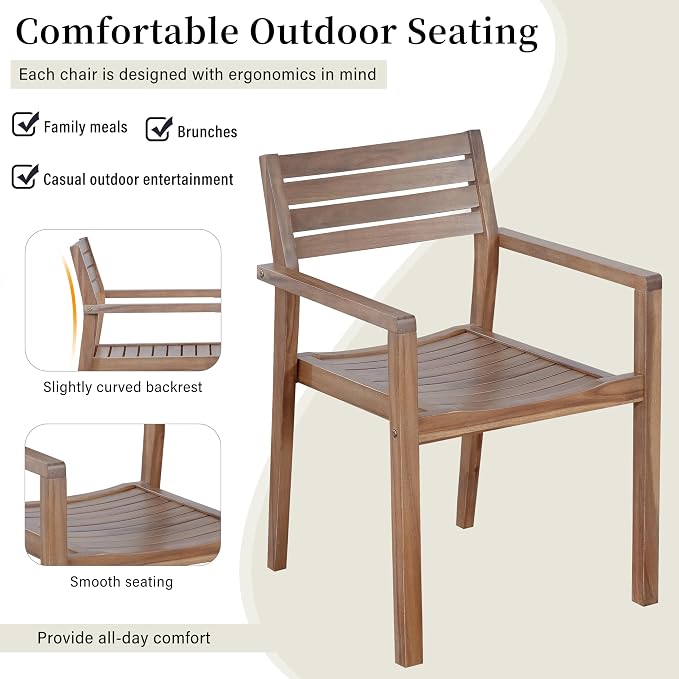 5 Piece Outdoor Dining Set for 4, 59.06" Rectangular Table with Umbrella Hole and 4 Chairs, Acacia Wood Dining Set for Patio, Lawn, Garden, Poolside & Indoor Use, Light Brown+Light Grey
