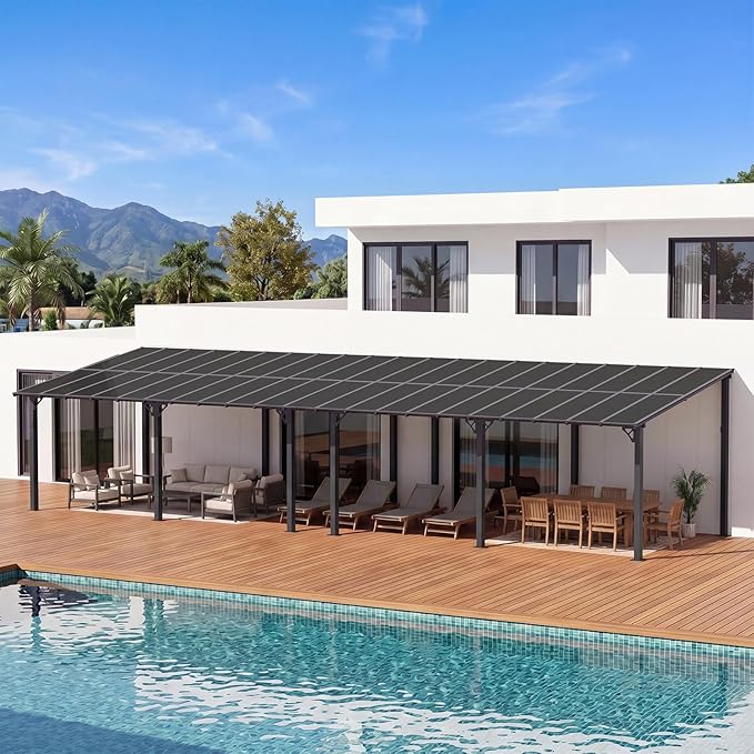 Aoxun 42' x 10' Pergola for Patio, Gazebo with Sloped Roof, Grill Pergola Large Wall-Mounted Heavy Duty Awnings, for Backyard, Deck, Patio