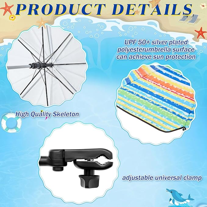 Buryeah 2 Pcs Beach Chair Umbrella Automatic with Universal Adjustable Clamp 44" UPF 50+ Portable Clamp on Beach Chair for Wheelchair Patio Golf Carts Camping