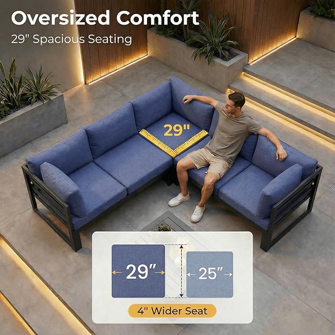 NICESOUL 15 Piece Contemporary Aluminum Outdoor Furniture Set, Extra Large Couch Set with Fire Pit Table, 500 lbs High Weight Capacity, Modular Patio Sectional Sofa with End Table for Deck, Denim Blue
