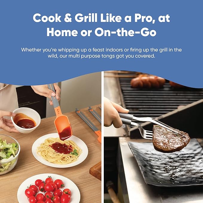 Chef’s Path Grip & Flip Utensil Set - Snap-on Kitchen Tongs & Cooking Utensil Set - Cooking Spoon, Spatula Scraper, Grill Spatula, & Grill Fork for Home Kitchen, BBQ Tools, Camping & Outdoor Cooking