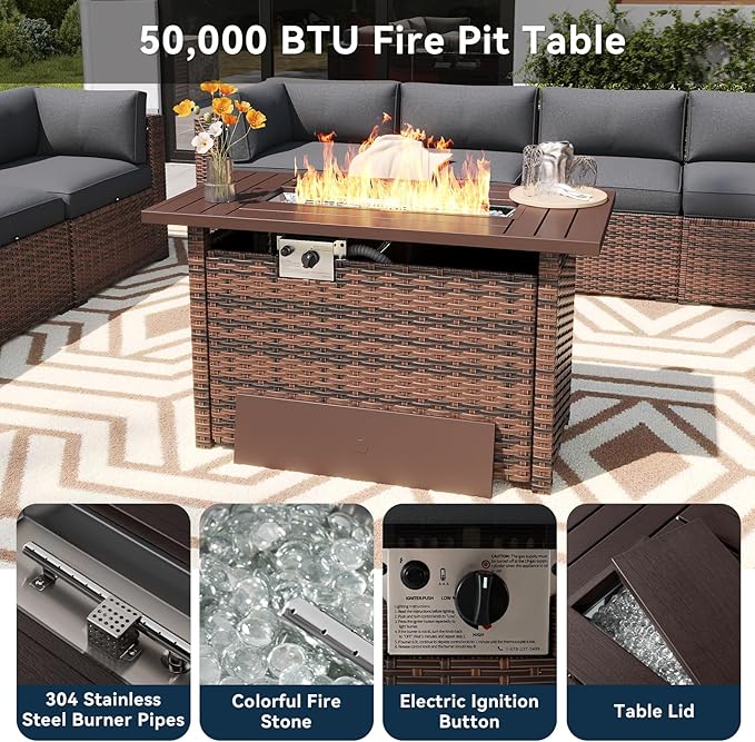 LazySunsets 8 Piece Outdoor Patio Furniture Set with 44'' Fire Pit Table, Outdoor Patio Furniture Set with Waterproof Cover, Wicker Rattan Outdoor Conversation Set for Backyard & Garden, Grey