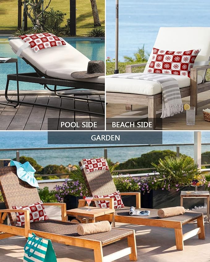 Outdoor Pillows Covers with Inserts Christmas Snowflake Red Plaid Waterproof Recliner Pillow with Adjustable Strap Throw Pillows for Patio Furniture Pool Lounge Chair, 11x16 inch, 1PCS