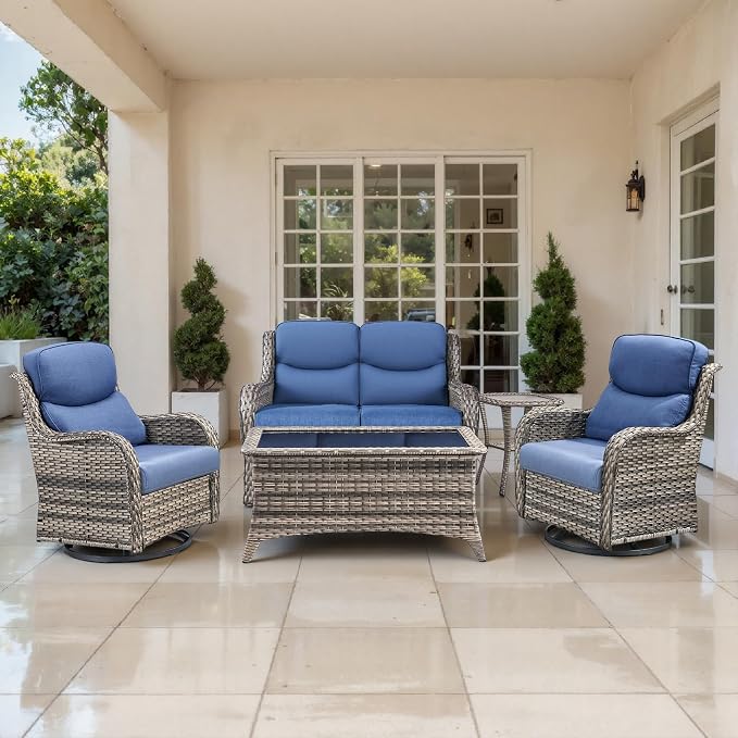 Outdoor Swivel Rocker Patio Chairs Set of 5 with Loveseat - 5" Thick Cushion 5 Piece Furniture Set with Sofa All Weather Wicker Conversation Set for Porch Deck - Grey Wicker | Blue Cushions