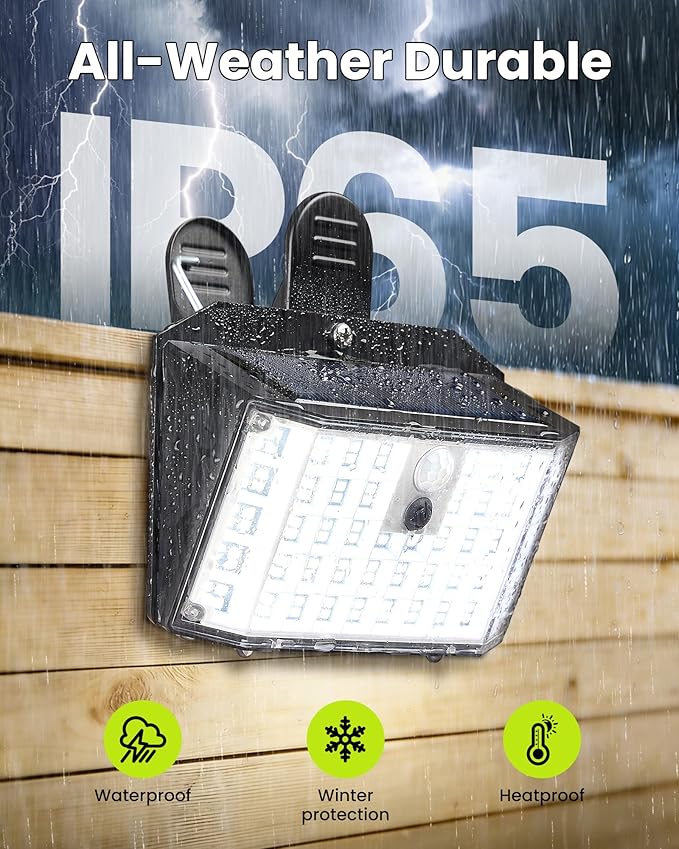 Clip on Solar Lights Outdoor with Motion Sensor, 800LM 176LED Solar Fence Lights Outdoor Waterproof, 3 Modes & Portable Security Lights for Chain Link Patio Deck Yard Garage (1Pack)