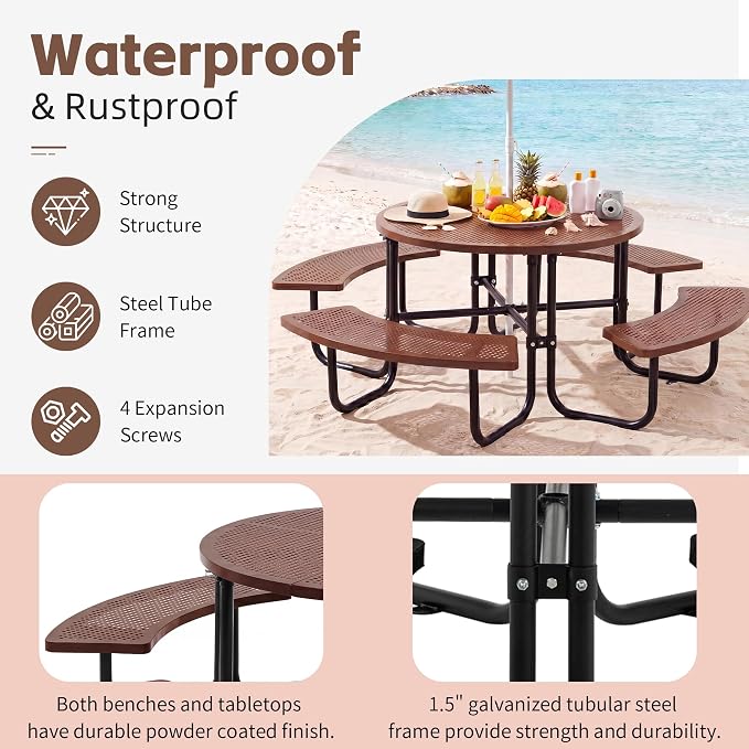 46" Outdoor Round Perforated Picnic Table Metal Camping Table with Umbrella Hole - Heavy Duty Steel Mesh Picnic Bench Set for Backyard Garden Deck, Brown