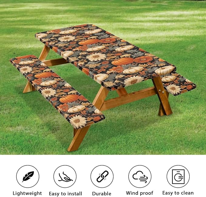 Pumpkin Picnic Table Cover with Bench Covers, Fall Harvest Fitted Table Cover, Outdoor Patio Camping Essentials 3PCS Waterproof Camping Fitted Tablecloth for Thanksgiving
