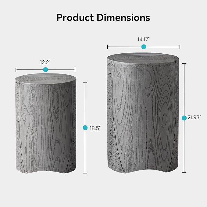 COSIEST MgO Concrete Round Side Table, Outdoor Patio Accent End Table Set of 2, Modern Coffee Table for Garden Balcony Backyard, Gray