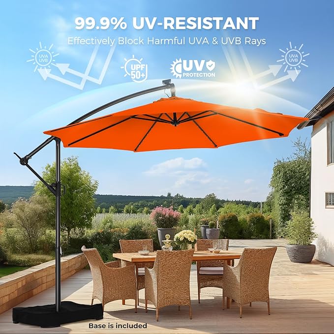 HOMSHADE 10ft Solar Lights Offset Cantilever Patio Umbrella - with Light and Base, LED Lighted Offset Hanging Patio Outdoor Market Umbrella UPF50+ UV Protection with Easy Tilt and Crank (Neon Orange)