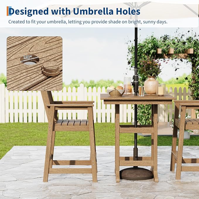 Takywep 31.5" Square HDPE Wood Grain Outdoor Bar Table, 39.6" High Weatherproof Pub Table for Patio and Poolside, Tall Bistro Table with 300 Lb Weight Capacity and Umbrella Hole, Brown