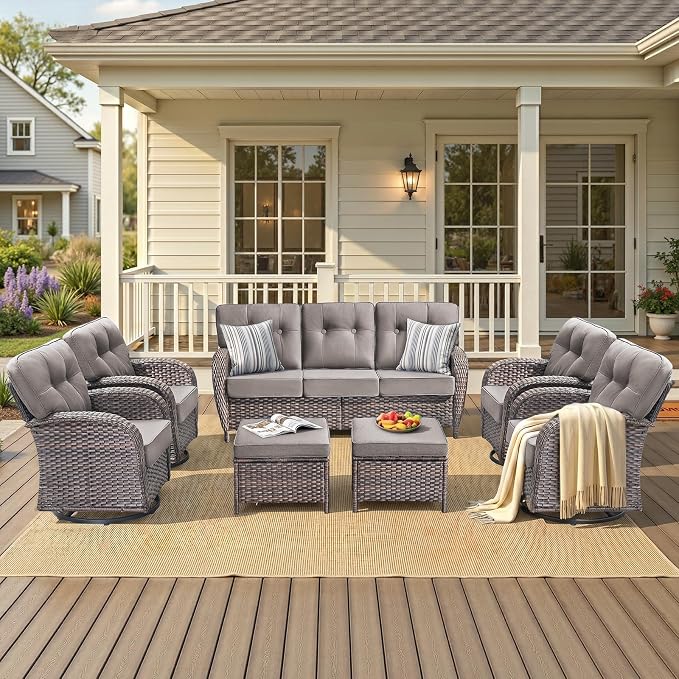 7-Piece Wicker Patio Furniture Set with 5-Inch Thick Cushions Weather Resistant Rattan High Back Swivel Rocker Chairs Senior Friendly Conversation Set for Small Porch Deck Sunroom Brown/Grey