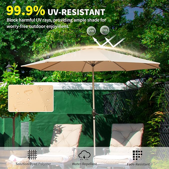 Domi 10FT Patio Umbrella, Outdoor Table Umbrella with Aluminum Pole, UV Protection Waterproof Market Sun Umbrella with Push Button Tilt and Crank for Garden, Deck, Backyard, Pool (Beige)