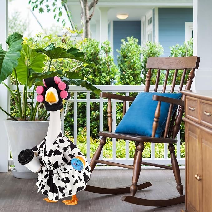 Shyyween Lady Porch Goose Outfit for 23'' Cement Plastic Lawn Goose Statue Clothes Cow Pattern Bathrobe Coffee Cup Curlers for Outdoor Garden Yard Patio Decoration