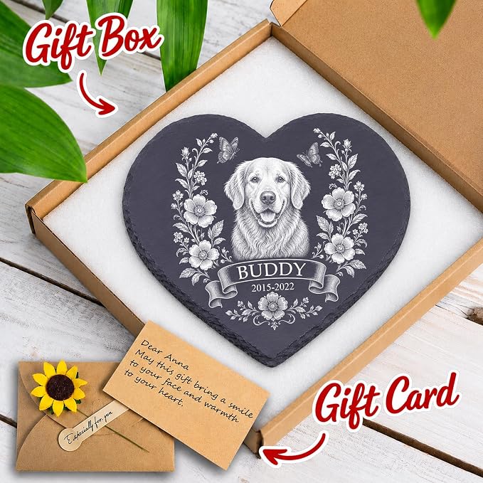 Personalized Pet Memorial Garden Stone for Dogs Cats - Dog Photo Memorial Natural Stone with Garden Stake, Condolences Sympathy Gift for Dog Lovers, Pet Loss Gifts, Waterproof for Indoor & Outdoor