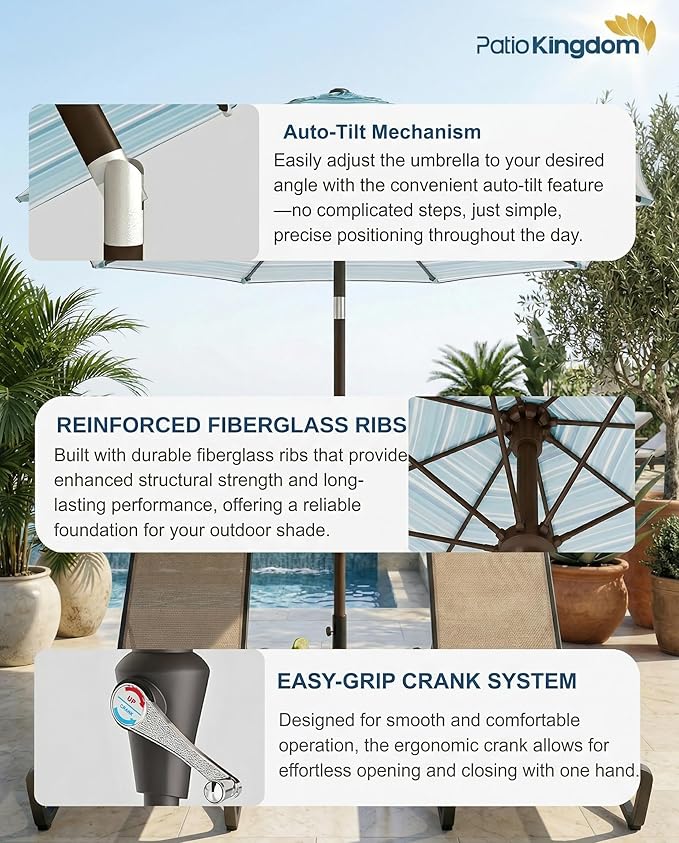 PatioKingdom Auto-Tilt 9FT Patio Umbrella Outdoor with 8 Sturdy Fiberglass Ribs,Market Table Umbrella for Pool,Backyard,Deck and Garden