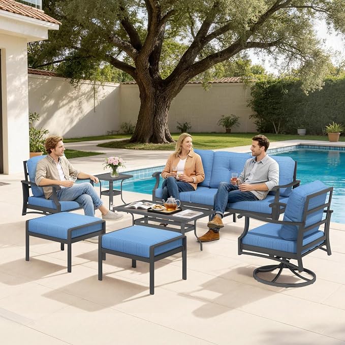 7 Piece Aluminum Patio Conversation Set, Outdoor Metal Furniture Set w/Rocking Swivel Chairs, 3-Seat Sofa, Ottomans and Coffee Side Table, 5" Thickened Cushions for Porch Yard, Poolside, Blue