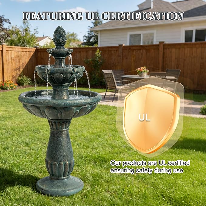 Kluomm 41" 3-Tiers Outdoor Water Fountains, Italian Pineapple Cascading Waterfall Fountain, Weather-Resistant Resin Freestanding Fountain Features for Garden, Patio, Backyard (Black)
