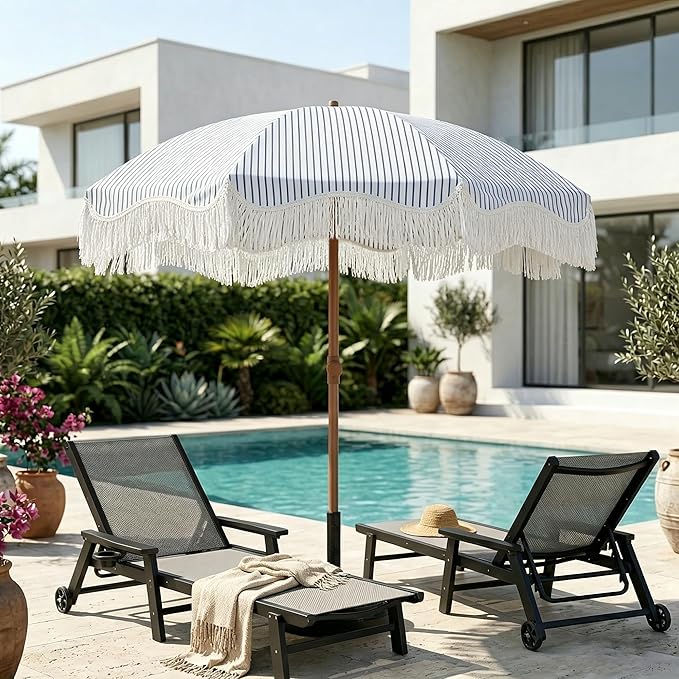 7FT Patio Umbrella with Fringe, Outdoor Tassel Umbrella with Fiberglass Ribs, Boho Beach Umbrella, Push Button Tilt and Carrying Bag, UPF50+
