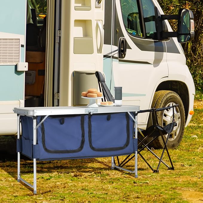 Outvita Portable Camping Table with Storage, Outdoor Aluminum Folding Camping Table with 3 Adjustable Height, Foldable Camp Tables for Backyards BBQ Party Picnic Beach Indoor, White