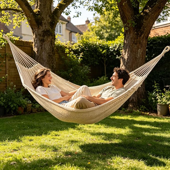 Double Mayan Handwoven Cotton Rope Hammock for Outdoor Indoor Patio Backyard, 79x59 Inch Bed, 480 lbs Capacity, 2 Person (White and tan)