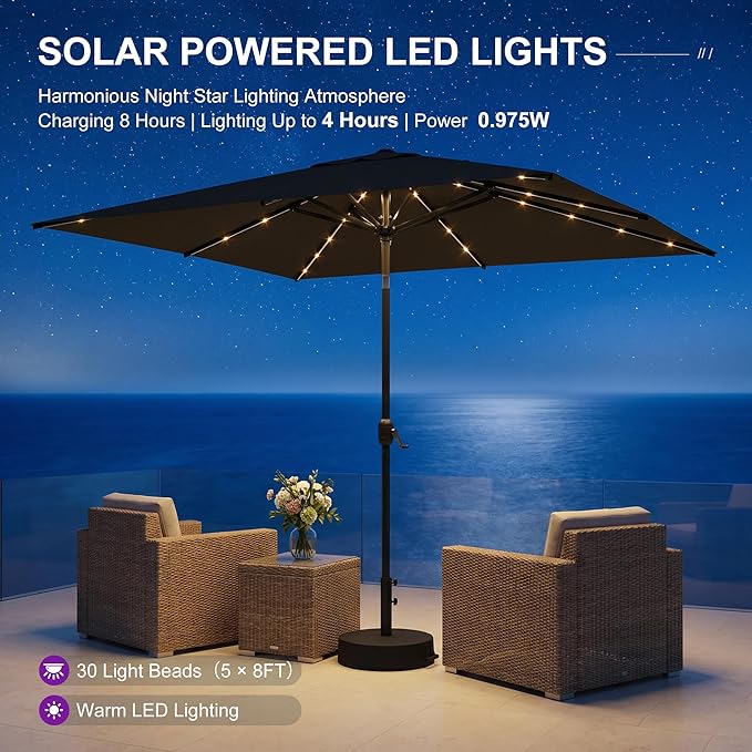 PURPLE LEAF 5' x 8' Rectangular Patio Umbrella with Solar LED Outdoor Table Umbrella Aluminum Frame Market Umbrella Sun Umbrella for Garden Deck Lawn Pool Gray