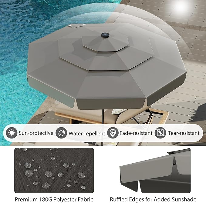 Tangkula 10 FT Solar LED Patio Umbrella, 3-Tiers Scalloped Outdoor Table Market Umbrella with 32 LED Lights, Tilt Adjustment, Crank, 8 Sturdy Ribs for Pool, Deck, Backyard (Gray)